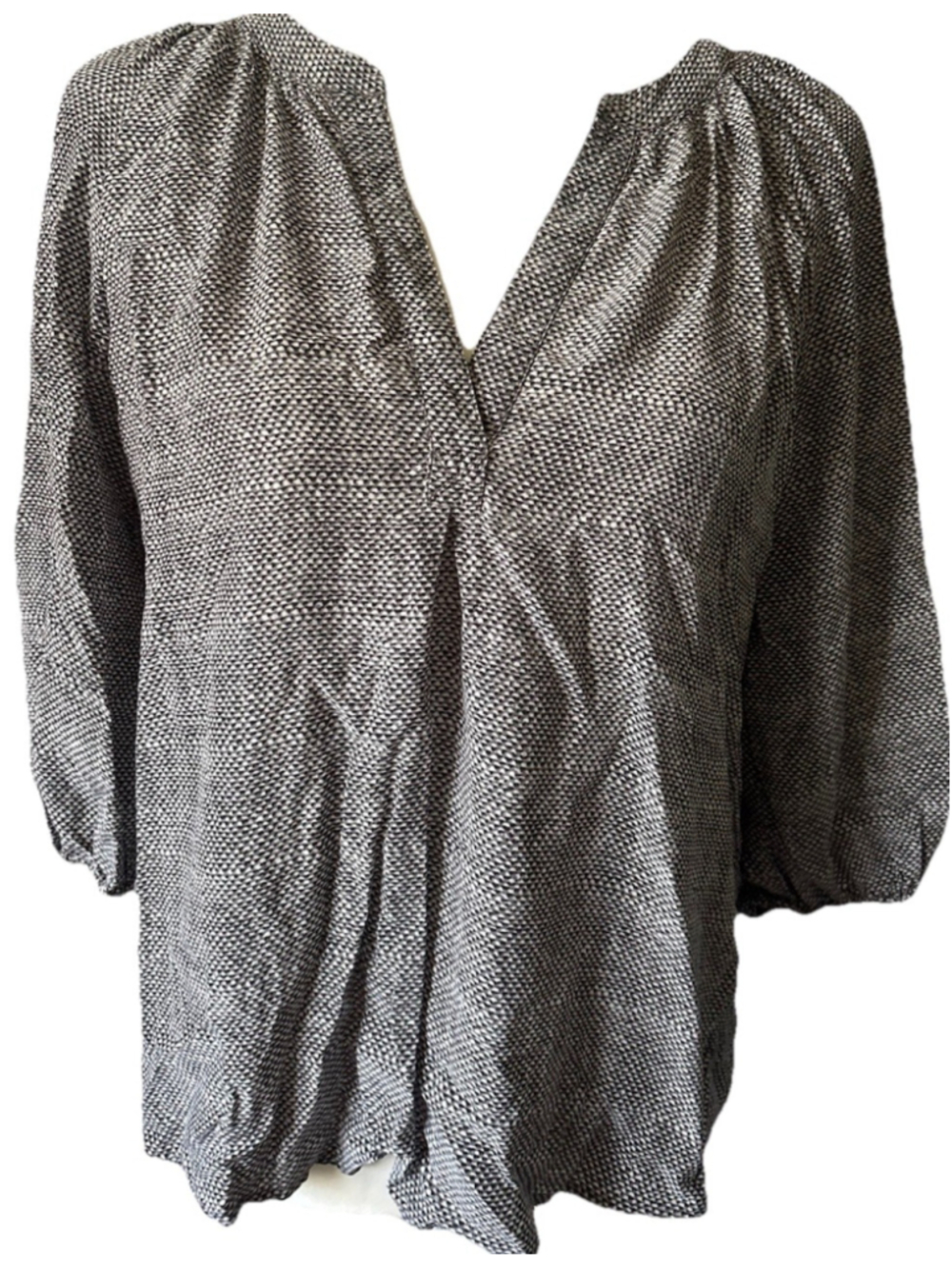 Joie Silk Blouse XS Black White Geometric V-Neck Balloon 3/4 Sleeve Pleated Top